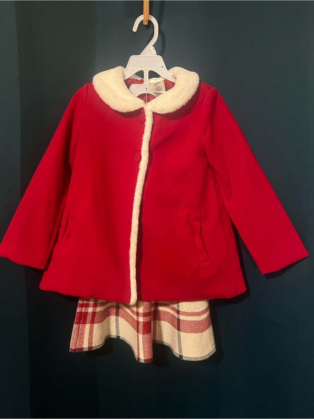Max Studio Red Pea Coat with Cream Faux-Fur Trim